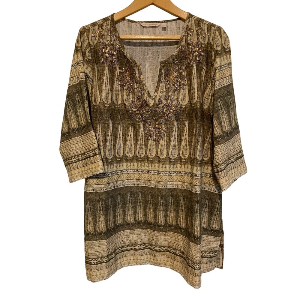 Soft Surroundings 3/4 sleeve beaded tunic top linen green tan Size Lp